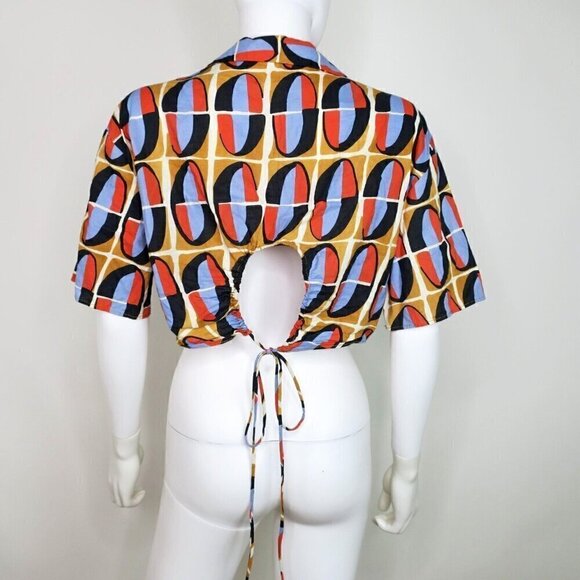 Zara 80's Print Button Front Crop Top Open Back Women's Medium - Picture 2 of 3